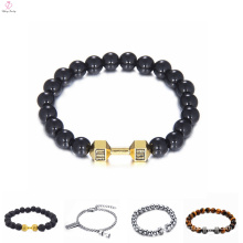 Popular Lava Natural Stone Charm Dumbbell Bracelet, Black Bead Stainless Steel Dumbbell Bracelet